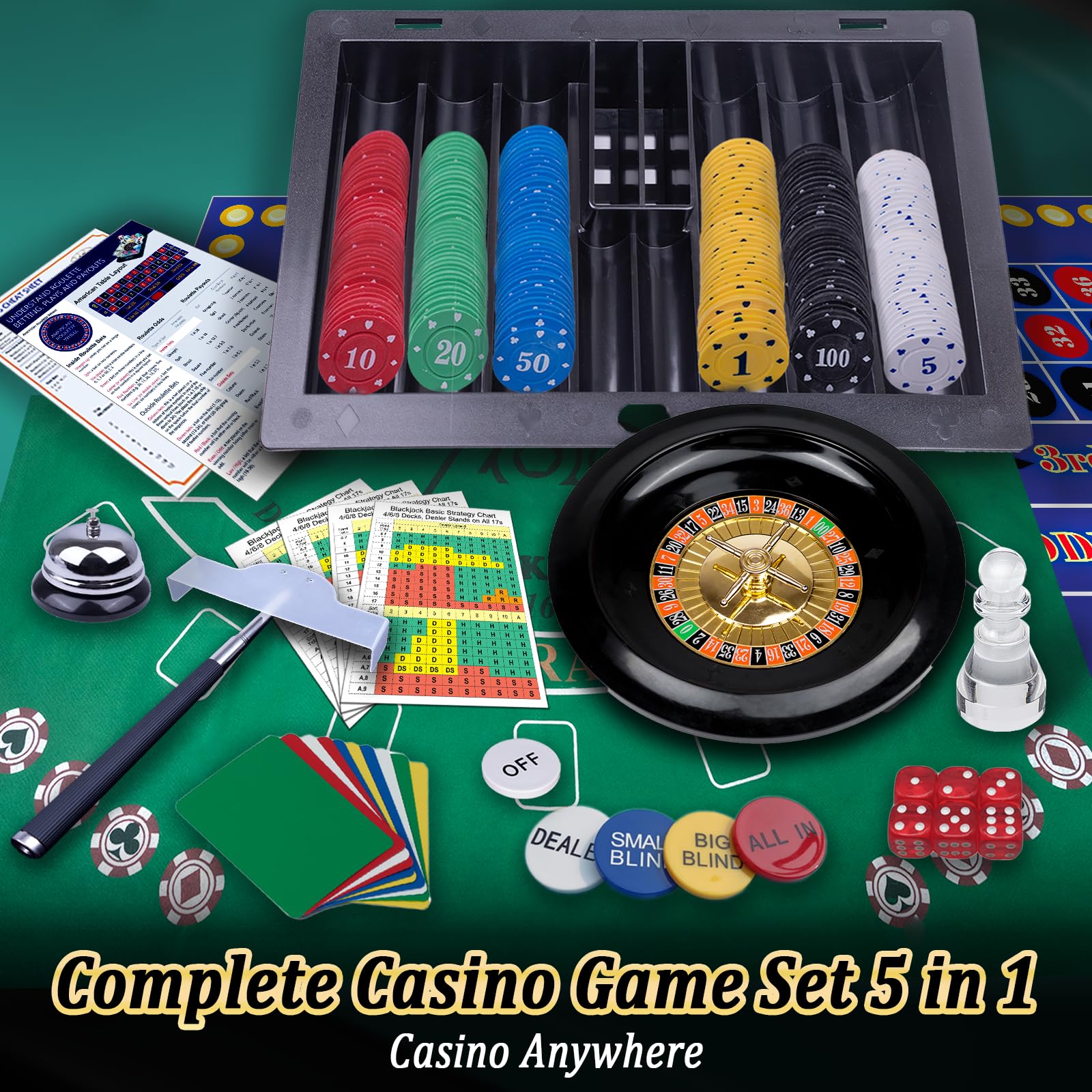 5 in 1 Casino Game Set: Blackjack/Roulette/Craps/Texas Holdem